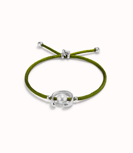 Pulsera de hilo verde oscuro con perla shell fornitura bañada en plata de ley.